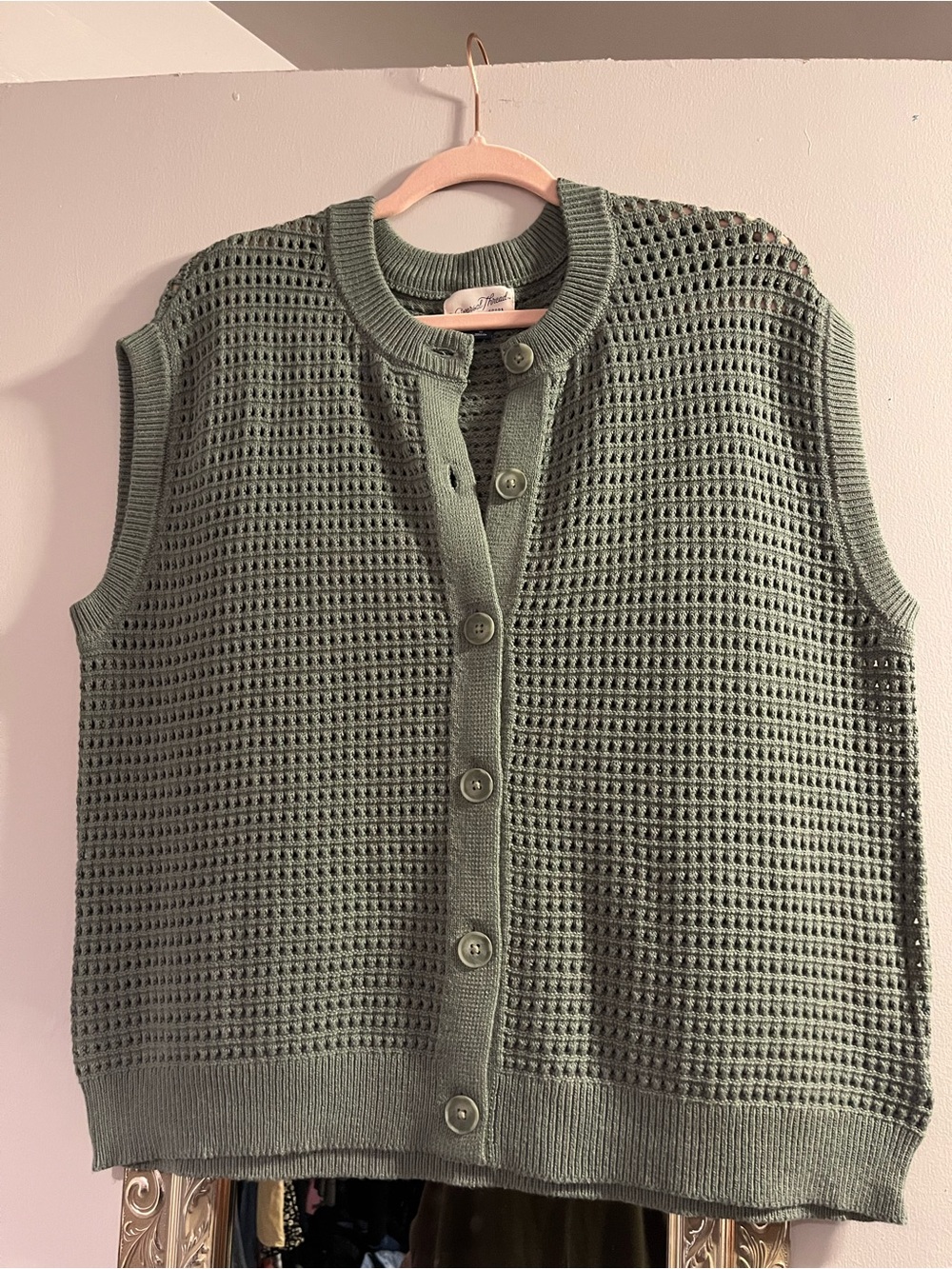 Universal Thread Sage Green Openwork Button-Front Sleeveless Cardigan